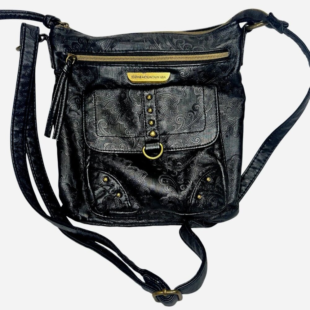 Stone Mountain USA Black Faux Leather Crossbody Bag  Boho Retro Quiet Luxury